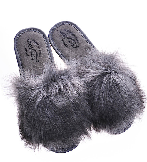 Szare damskie klapki z kudłatym futerkiem Premium /A10-1 11321 S292/