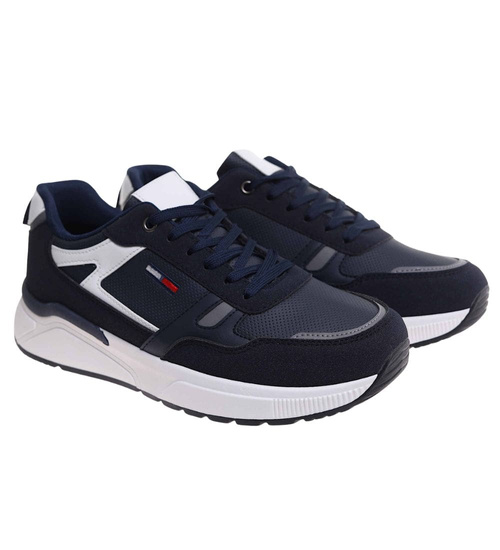 Sznurowane męskie granatowe buty sportowe /C1-1 18011 GF585/