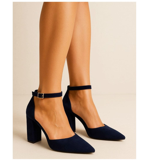 Granatowe czółenka damskie z paskiem /B5-3 17945 W152/