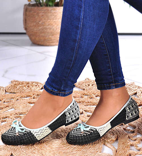 Ażurowe balerinki czarno-zielone z kokardką /G2-2 7486 S098/