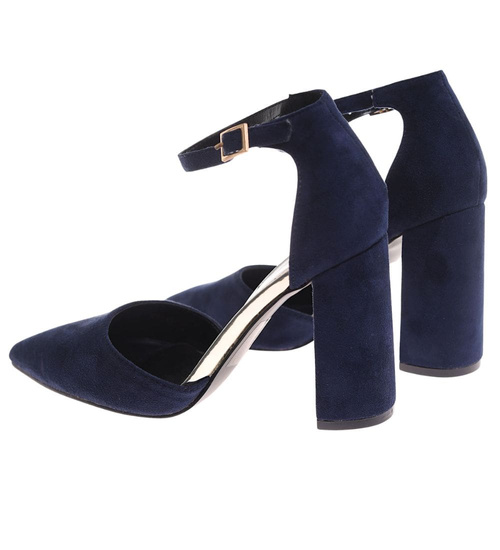 Granatowe czółenka damskie z paskiem /B5-3 17945 W152/