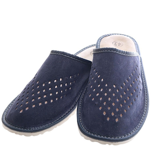 Męskie domowe kapcie ze skóry zamszowej Granatowe /G1-1 7892 S195/