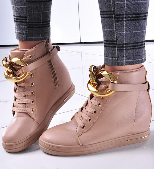 Beżowe sneakersy damskie na koturnie /F7-2 12802 T891/