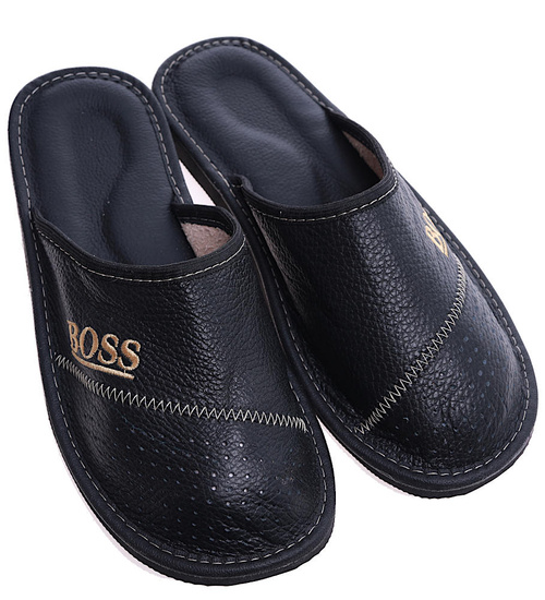 Skórzane kryte klapki domowe Czarne /E9-1 14299 S290/