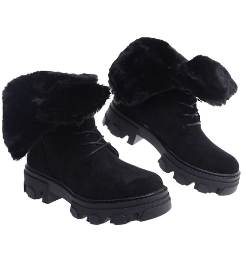 Zimowe botki trapery z wywijaną cholewką Czarne /G3-3 18529 T288/