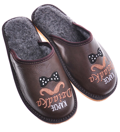 Kapcie Dziadka- skórzane klapki na prezent Ciemny Brąz /E1-1 13086 S18-45/