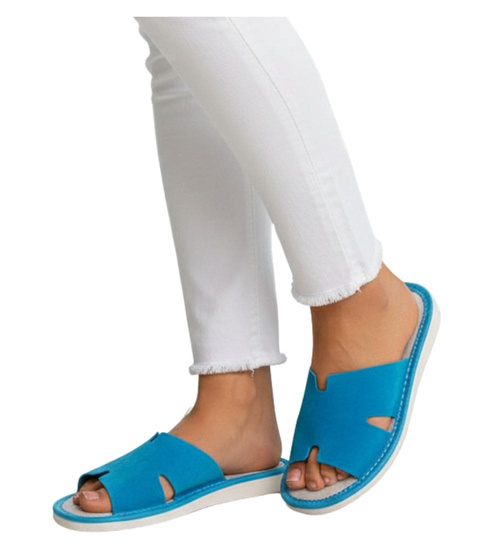 Skórzane domowe klapki kapcie niebieskie /F8-1 13378 S194/