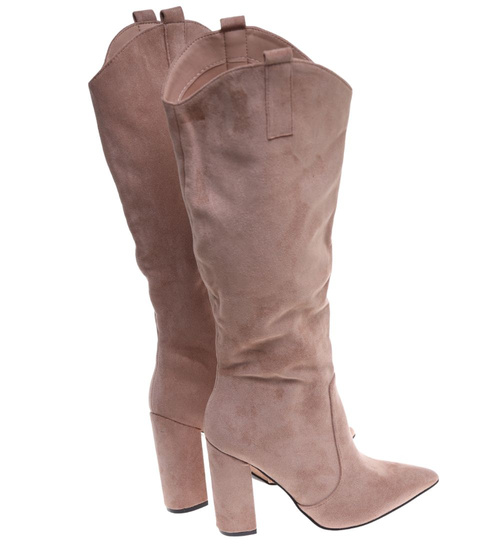 Beżowe kozaki damskie do kolan2 gatunek ost501