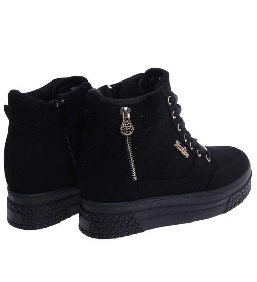 Czarne zamszowe sneakersy na koturnie i platformie /G4-3 15506 T634/