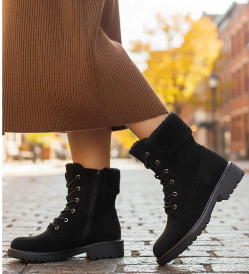 Czarne ocieplane botki workery sznurowane /A10-118576 W386/