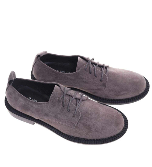 Szare półbuty oxfordy damskie sznurowane zamszowe /A4-3 18702 T155/