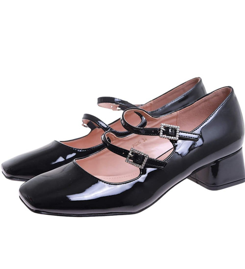 Czarne czółenka z paskiem na niskim obcasie /F9-1 17514  W182/