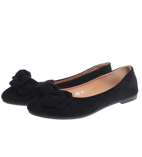 Czarne baleriny damskie zamszowe z kokardą /H2 18488 W6/