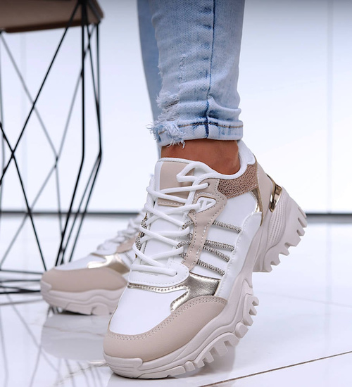 Sznurowane biało beżowe buty sportowe na platformie /G8-2 16805 T683/