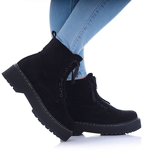 Czarne sznurowane botki trapery na platformie /E6-3 17165 T288/