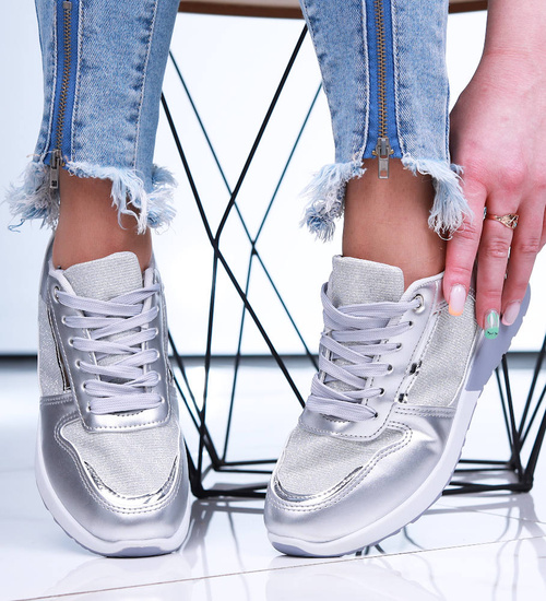 Wiązane srebrne buty sportowe damskie /F4-2 16077 G283/