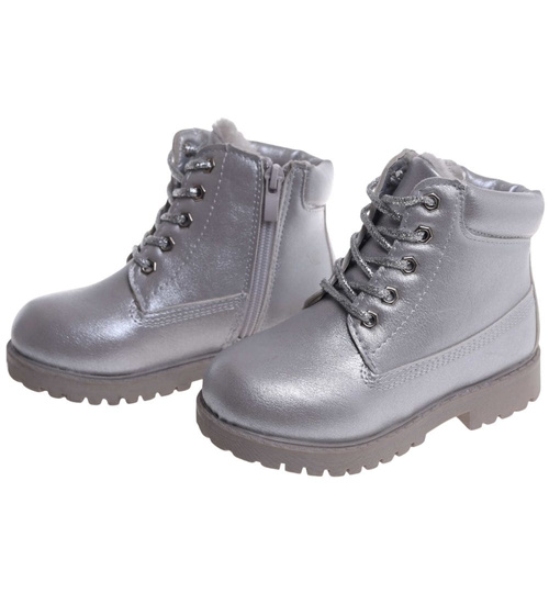 Zimowe dziewczęce botki trapery sznurowane Srebrne /E6-1 18533 T284/