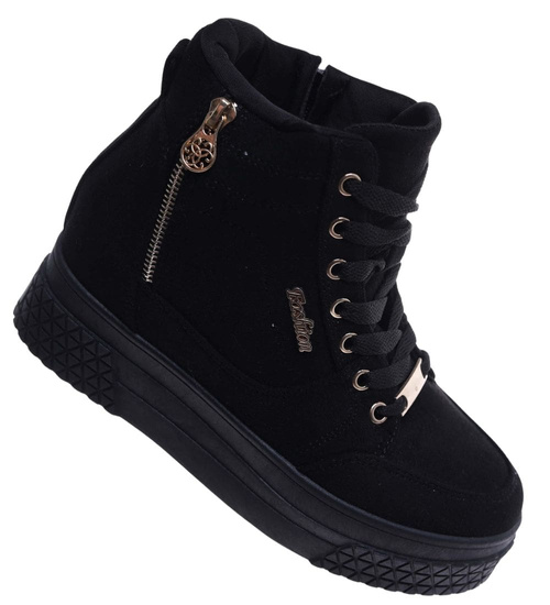 Czarne zamszowe sneakersy na koturnie i platformie /G4-3 15506 T634/