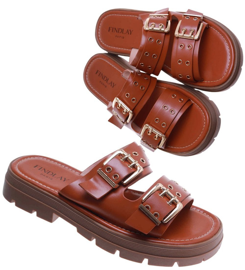 Brązowe klapki klamerki na niskiej platformie /E1-317662 G289/