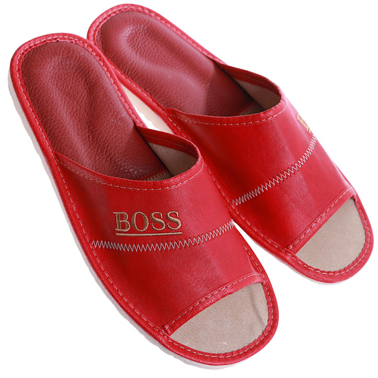 Skórzane męskie klapki domowe BOSS Czerwone /B5-1 17323 S199/