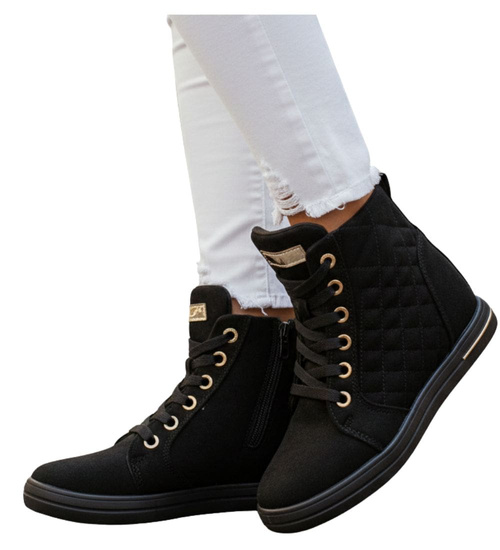 Czarne klasyczne sneakersy damskie na koturnie /D8-2 12856 T796/