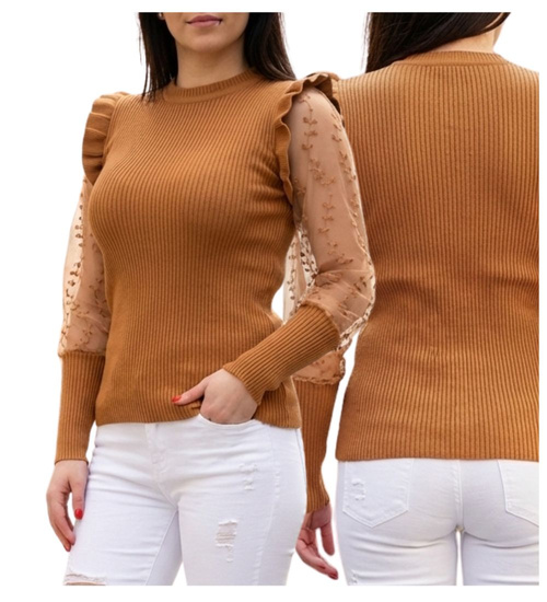 Karmelowa bluzka z koronkowymi rękawami /B6-1 UB342 T391/