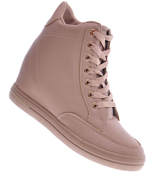 Beżowe sneakersy damskie na koturnie /B6-2 12824 T796/