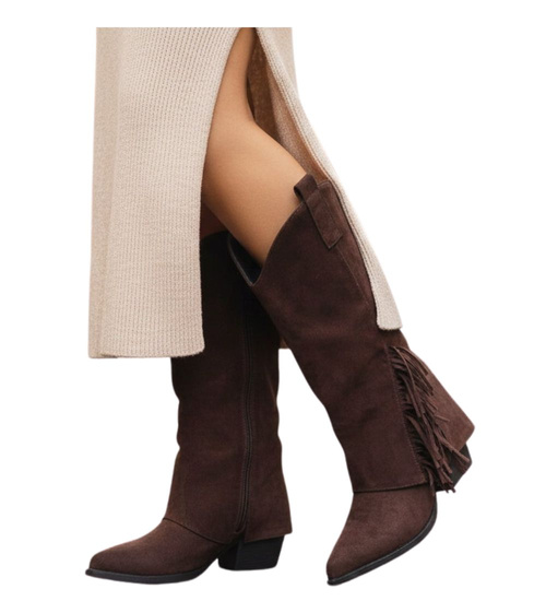 Krótkie czekoladowe kozaki boho na obcasie /B6-2 18580 G688/