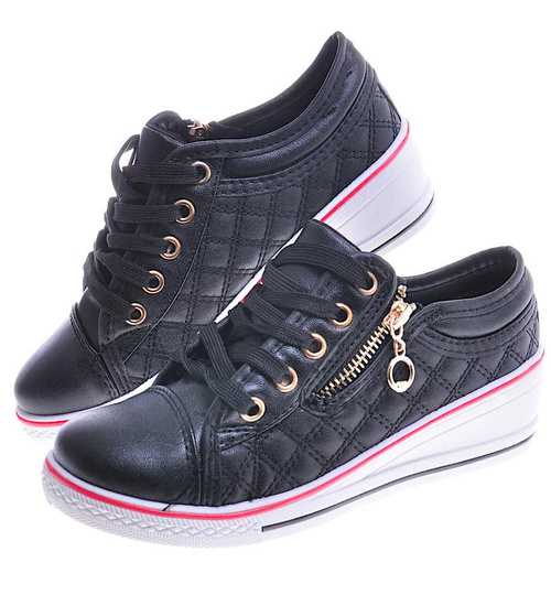 Dziewczęce trampki na niskim koturnie Czarne /F7-3 11328 S10-5/