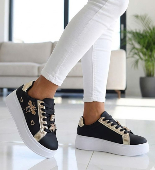 Czarne sznurowane damskie trampki na platformie /B2-2 16910 T537/