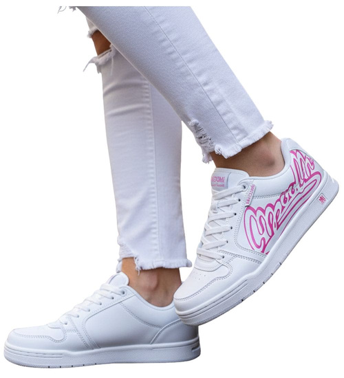 Sznurowane białe trampki damskie z napisem /F4-2 13863 S109/