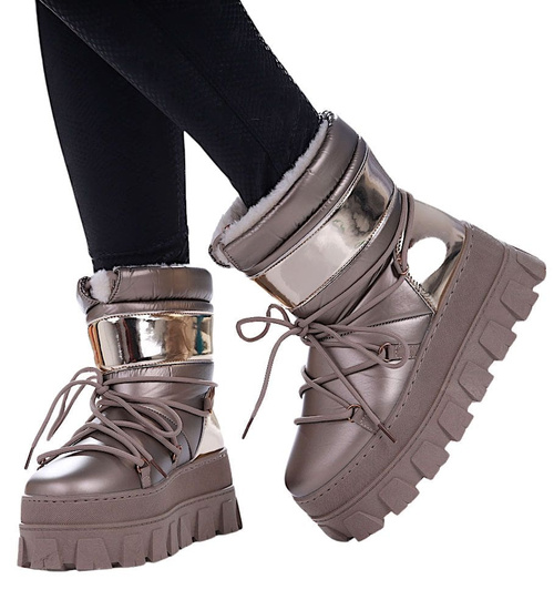 Złote zimowe kozaki śniegowce na platformie /E8-1 17112 G388/