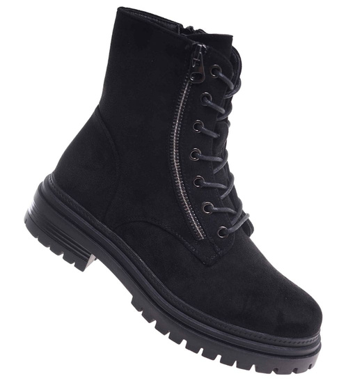 Czarne sznurowane botki trapery zamszowe /G8-3 18503 T444/