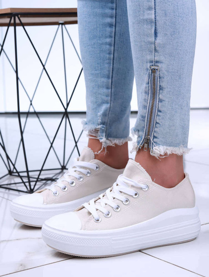 Beżowe wiązane damskie trampki na platformie /A1-3 15904 G158/