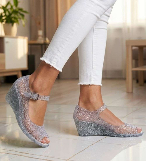 Plażowe sandały meliski na koturnie Srebrne otwarte /H2 14572 T890/