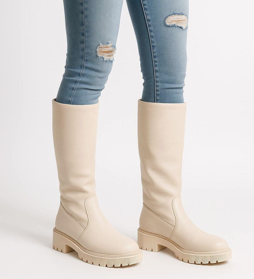 Beżowe kozaki damskie z suwakiem /D8-3 18134 T397/