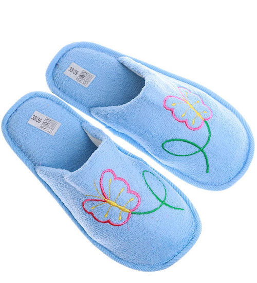 Pluszowe niebieskie kapcie damskie z haftem /C6-1 15948 S4-5/