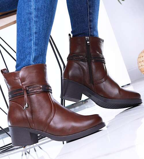 Klasyczne ocieplane brązowe zimowe botki na klocku /E1-3 15373 T533/ Klasyczne ocieplane brązowe zimowe botki na klocku /E1-3 15373 T533/