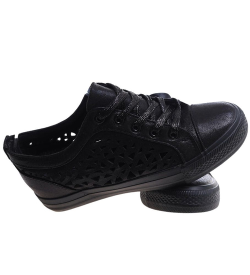 Czarne ażurowe trampki na koturnie /E3-1 17201 G8-61/