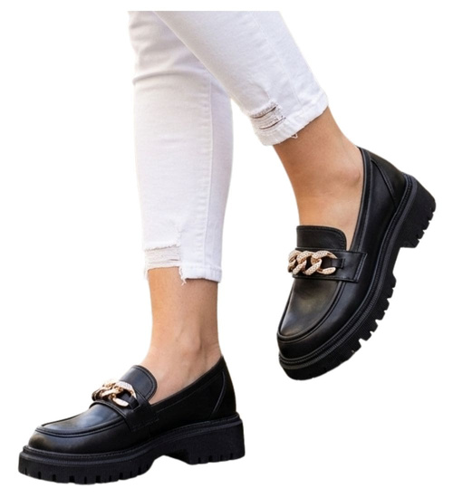 Czarne półbuty mokasyny na platformie /A2-2 12705 T598/