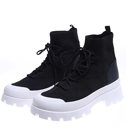 Wiosenne czarne botki z tkaniny na platformie /E1-3 15725 T144/