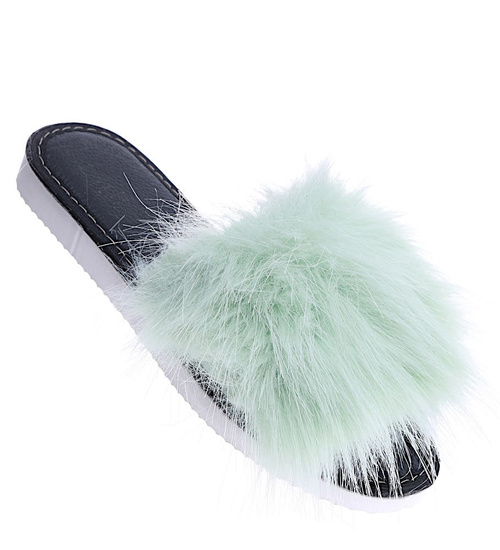 Jasno miętowe klapki z efektownym futerkiem //G12-1 14683 T232/