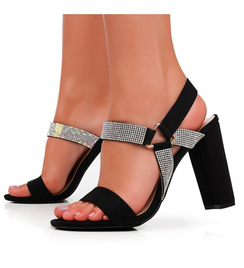 Czarne damskie sandały na słupku z cyrkoniami /B2-1 16084 G18-45/