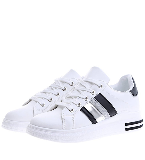 Białe sznurowane damskie trampki z pasami /F2-3 15166 T309/