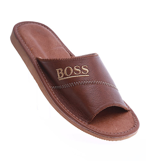 Skórzane męskie klapki domowe Brązowe /F9-1 14238 S196/