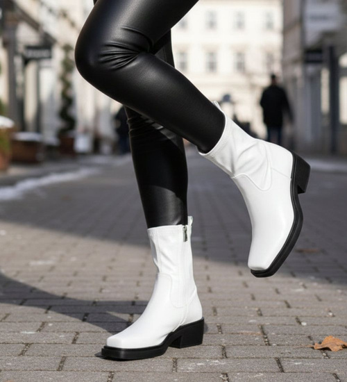 Białe botki damskie na niskim obcasie /E3-2 +i5-2 16858 G284 +H2/