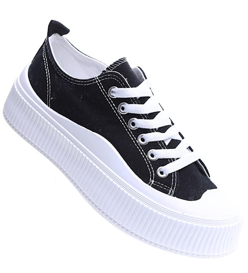 Sznurowane czarne trampki damskie na platformie /B7-1 15678 T182/