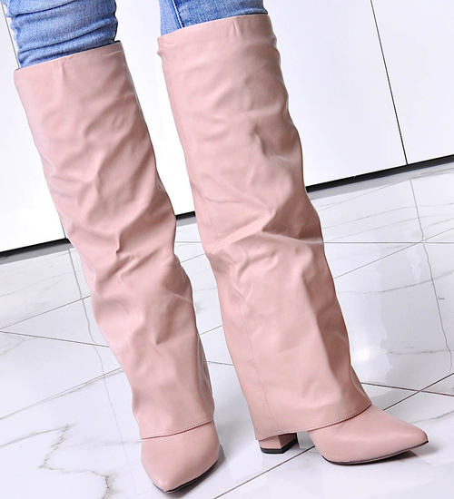 Modne bezowe kozaki damskie na obcasie /C5-2 12482 T1390/