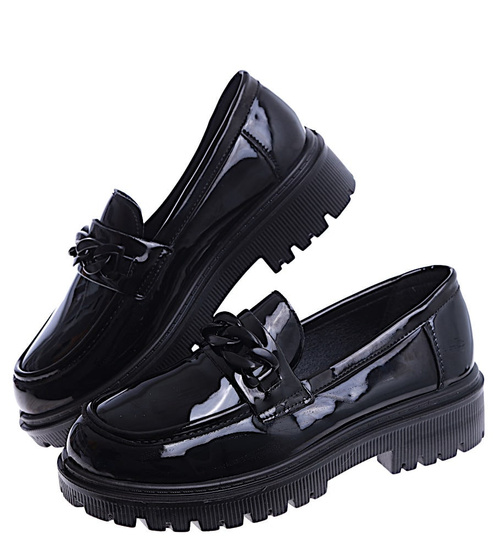 Wsuwane czarne loafersy damskie półbuty na platformie /C6-3 14872 T485/