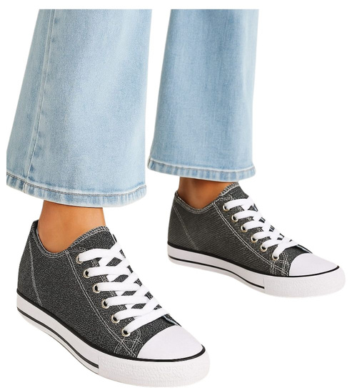 Czarne wiązane trampki sneakersy na niskim koturnie /A6-2 13519 T038/